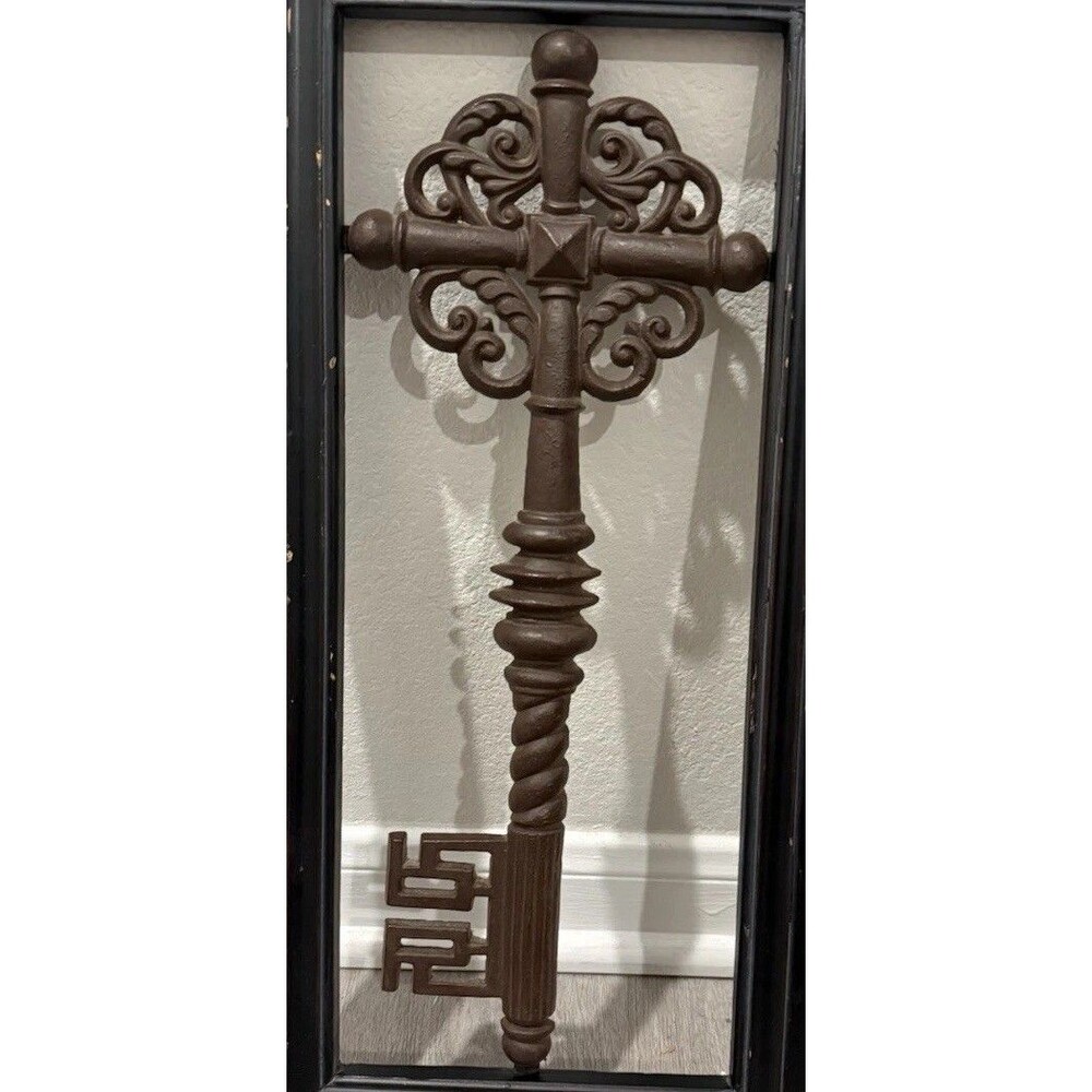 ornate Rustic cast iron skeleton Key Mounted Inside Wooden Frame 22”* 11”* 1”